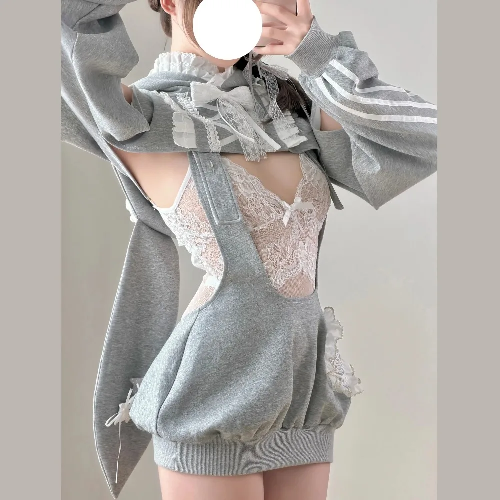 Original Gray Rabbit Sportswear Cosplay Set - Cute Japanese Lace Gymnastics Bodysuit with Detachable Hoodie Anime Jumpsuit view 6
