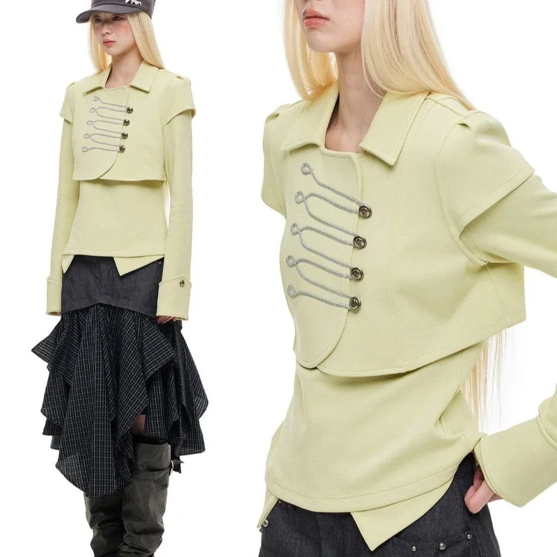 2026 Design Sense Niche Retro Palace Style Buckle Two-piece Jacket for Women  Autumn New Fashion Short Vest+long Sleeved Top Set