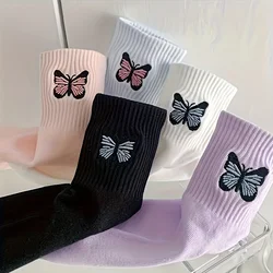 5Pairs/Lot Women's Butterfly Embroidery Fashion Crew Cotton Socks