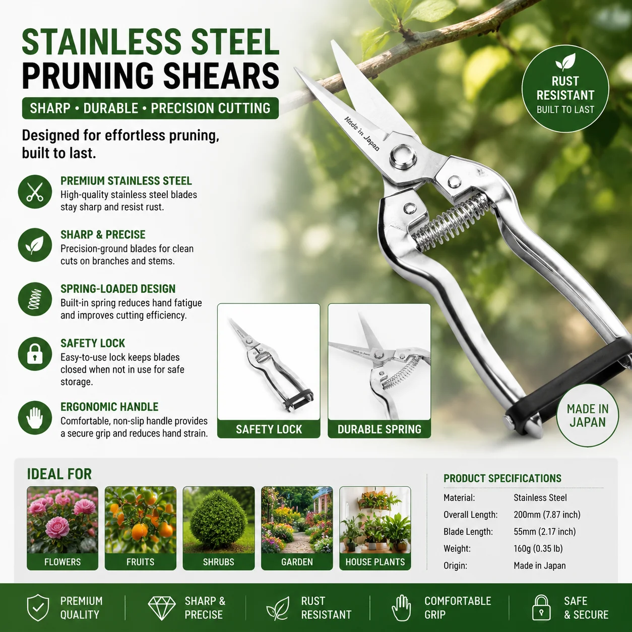 Stainless Steel Pruning Shears Professional Garden Scissors for Fruit Picking Bonsai Trimming & Plant Care Sharp Hand Pruners