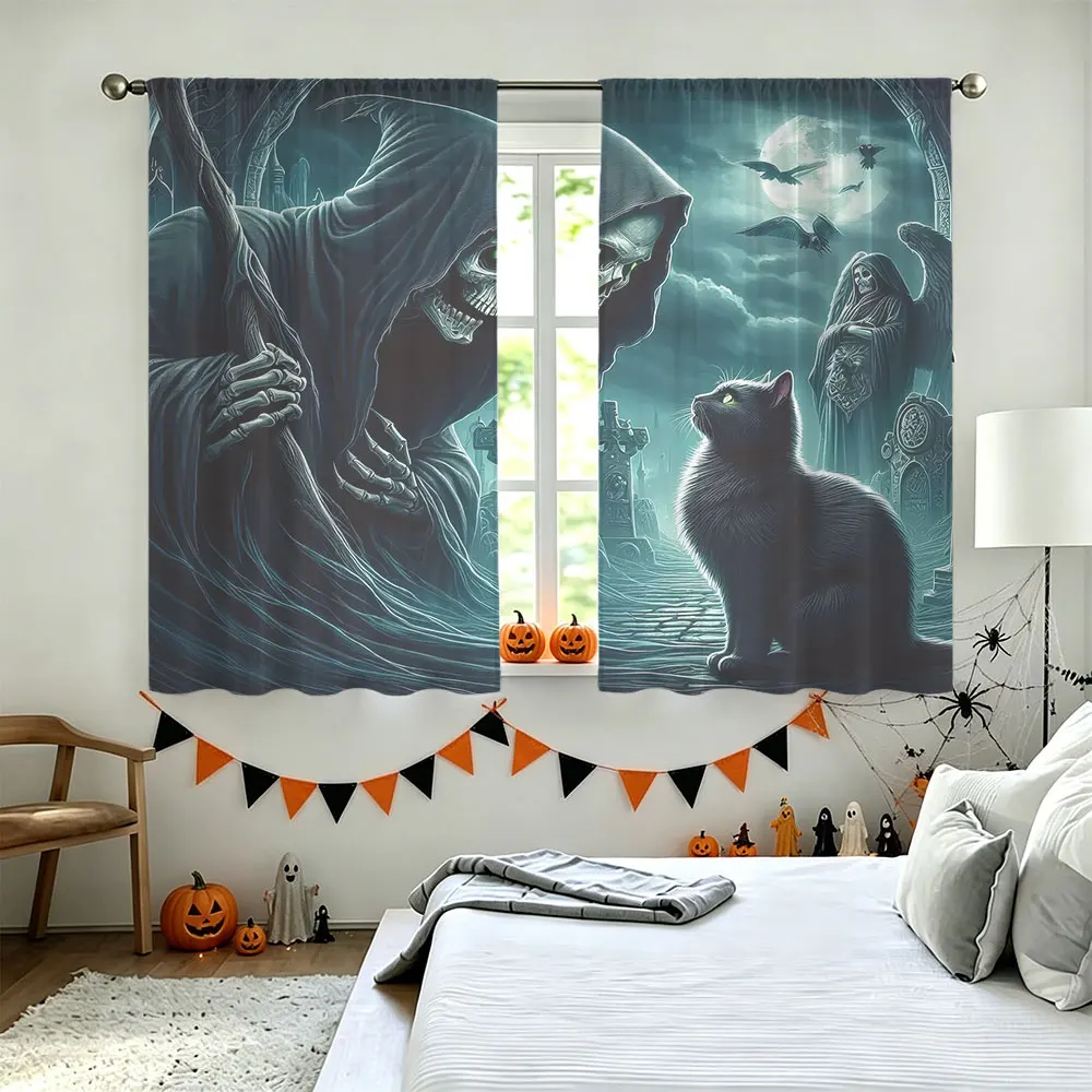 2pcs Grim Reaper Black Cat Cemetery Moonlit Print Rod Pocket Curtains, Light Blocking Privacy Drapes For Living Room Bedroom
