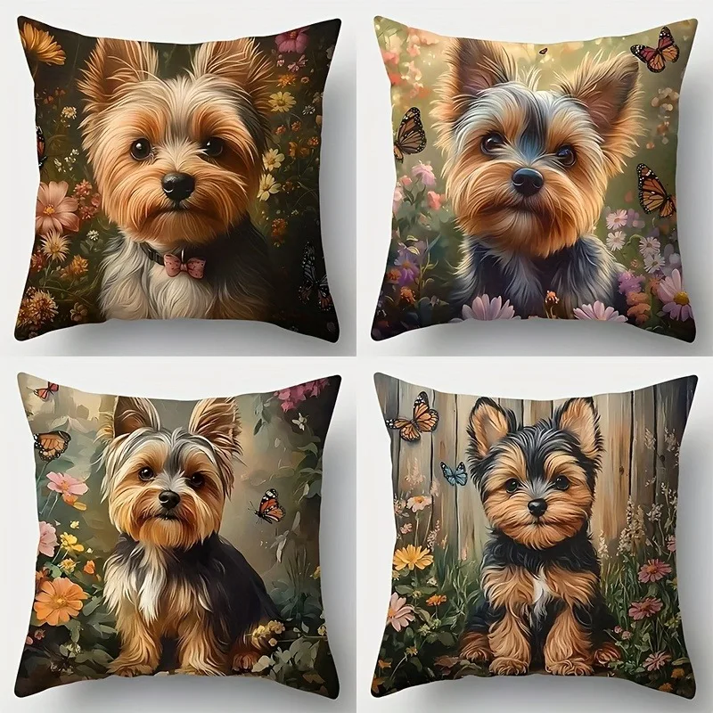 Yorkshire Terrier en fundas de almohada florales para jardín, funda de cojín para sofá de sala de estar, suave y cómoda, decoración de dormitorio
