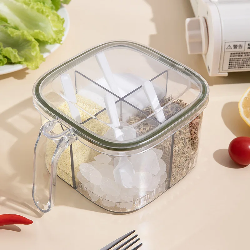 

1 Set Large Capacity Sealing Seasoning Box with Handle Spoons 4 Multi Grids Spice Jar Kitchen Condiment Storage Containe