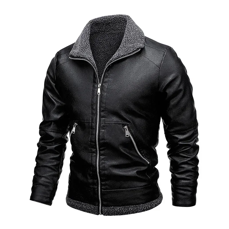 2024 Men Fur Collar Men Fashion Leather Coat Jacket PU Faur Jacket Long-sleeve Winter Outerwear Business Motor PU Leather Jacket