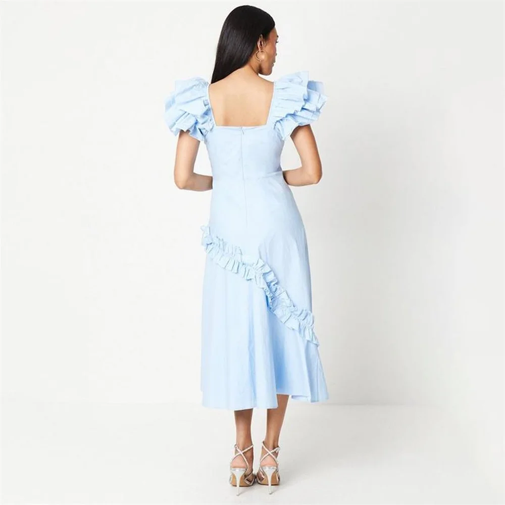 Satin Sky Blue Graduation Dress Ruffles Sleeve  A Line Wedding Guest Party For Woman Boat Youth and vitality Homecoming Dress