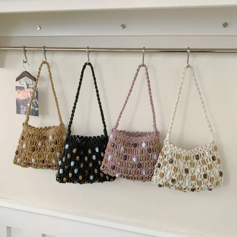 

Sweet Korean Style Beaded Woven Bag Handmade Wax Rope Hollow Out Shoulder Bag Handbag Solid Color Beads Weave Tote Bag Daily