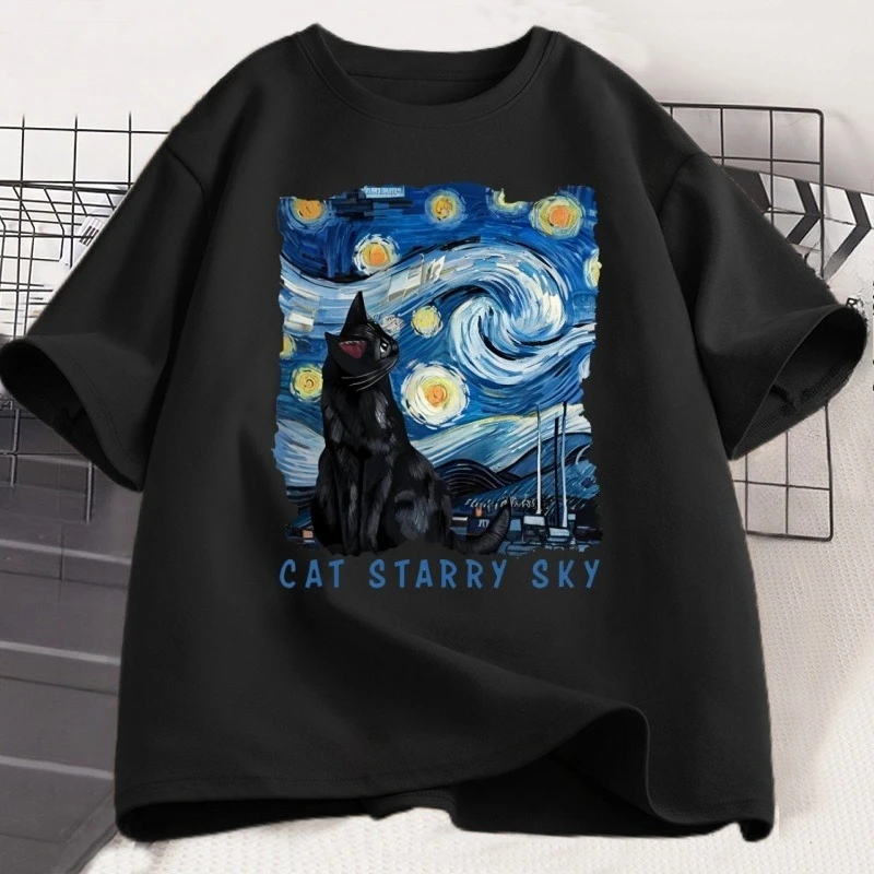 Camiseta vintage com estampa de gato preto e céu estrelado, camiseta masculina e feminina de algodão, manga curta, gola redonda, camiseta gráfica casu