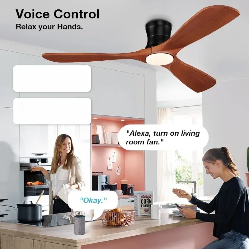 Smart 52” Wood Flush Mount Ceiling Fans with Lights Remote,Outdoor Indoor Low Profile Ceiling Fan, for Bedroom Patio