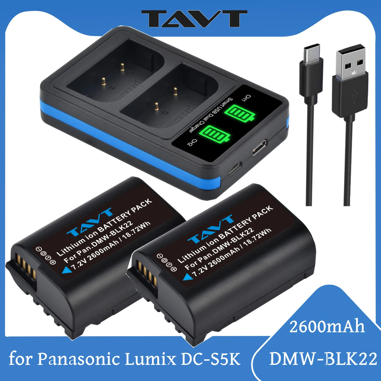 2600mAh DMW-BLK22 DMW BLK22 Battery+LED Charger with Type C Port for Panasonic LUMIX DC-S5 DC-S5K GH5 II GH6 S5IIX S5M2X