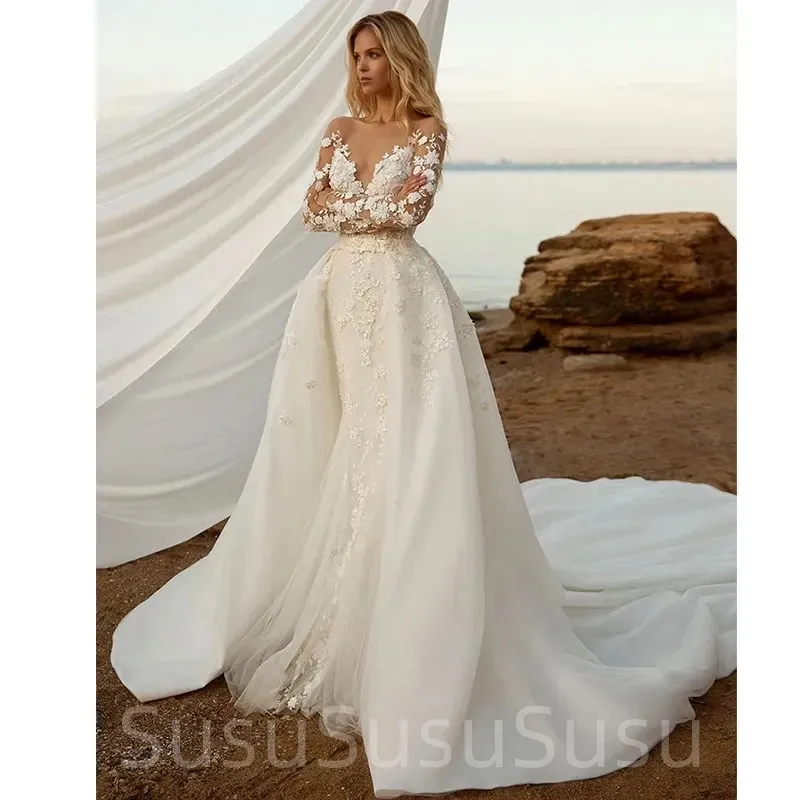 Bohemian Wedding Dresses Elegant Women Sexy 2023 V-Neck Mermaid Detachable Two In One Applique Button Bridal Gowns Vestidos De