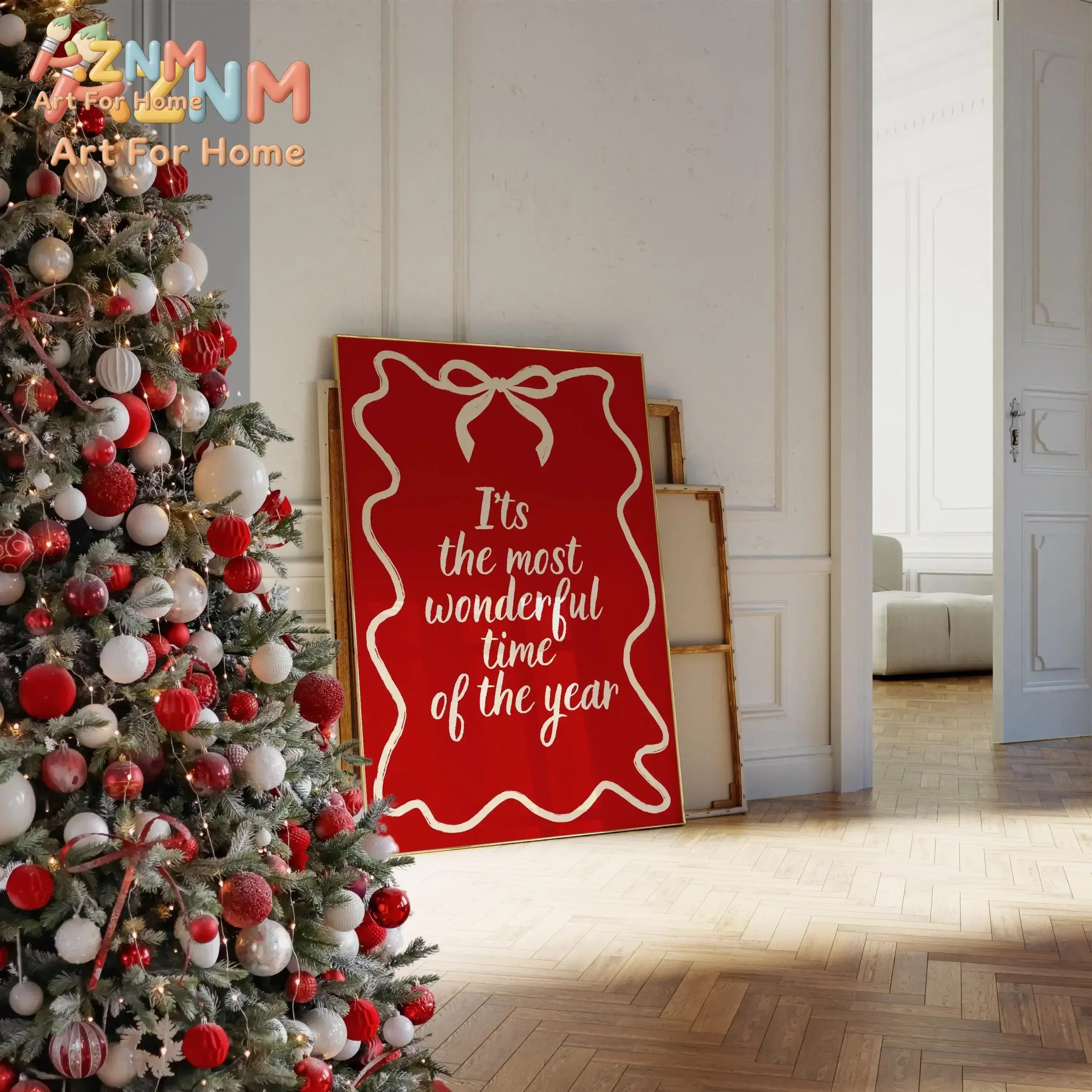 AZNM Red Wavy Frame Bow Christmas Quote Canvas Poster It's The Most Wonderful Time Of The Year Holiday Wall Decor, Unframed Canv