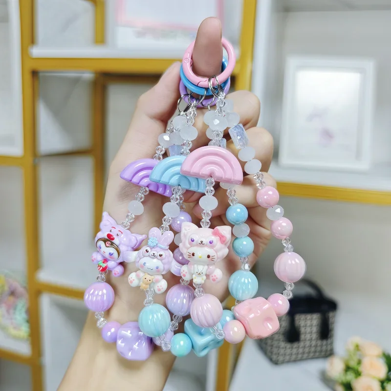 New Sanrio Kuromi Melody Cinnamoroll Beads Phone Lanyard Sweet Cute Beaded Phone Chain keychain Bag Pendant Car Key Accessories