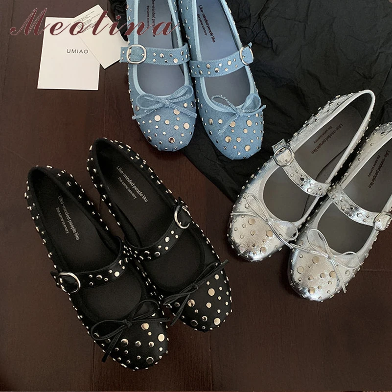 

Meotina Women Genuine Leather Mary Janes Flats Round Toe Bow Rivets Buckle Glove Shoe Ladies Fashion Casual Shoes Spring Autumn