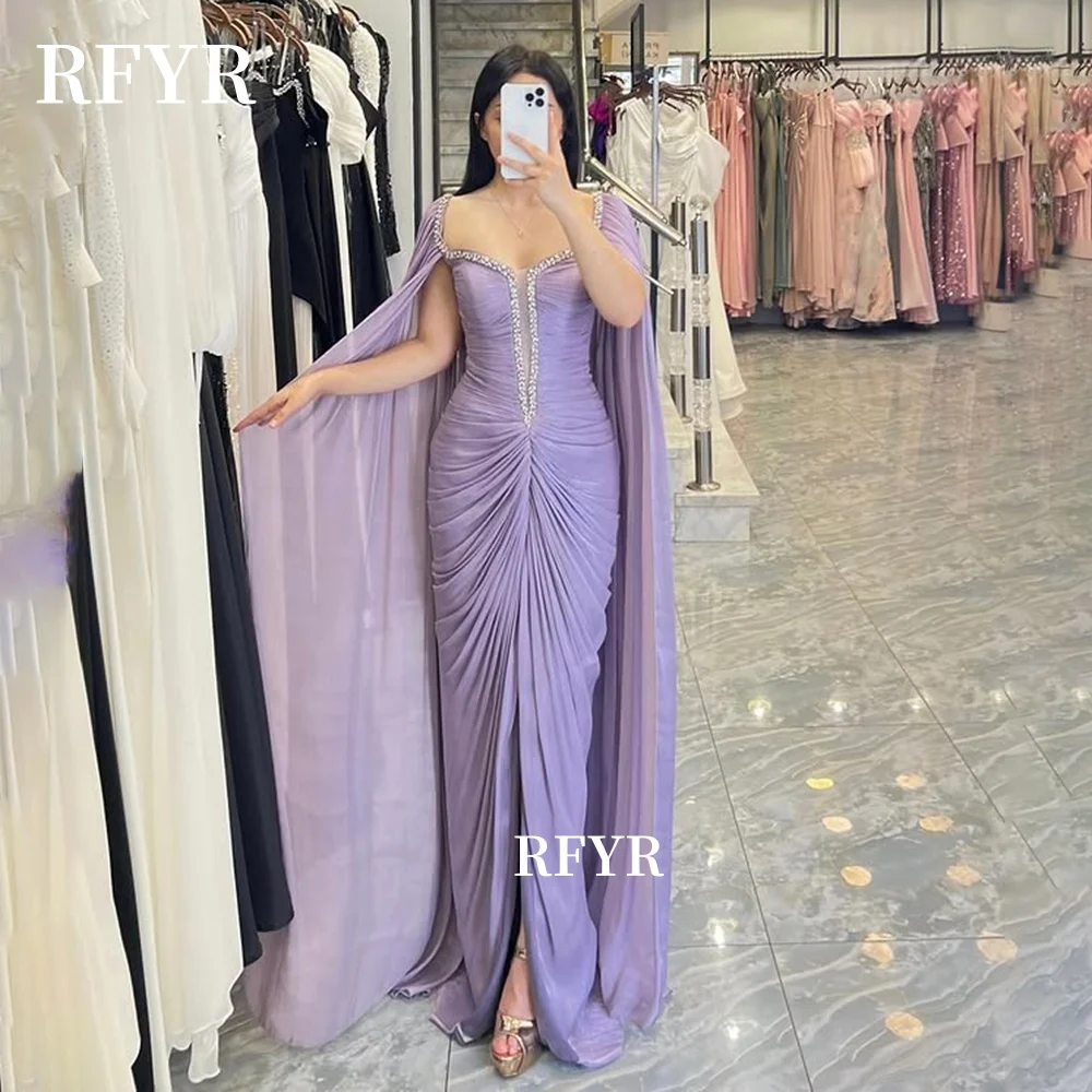 

RFYR Pleated Prom Dress Off Shoulder Cape Sleeve Princess Dress Beading Chiffon Formal Party Dress for Women Customized