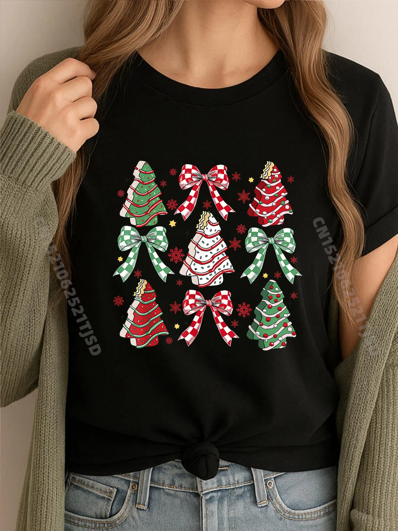 

Милый рождественский елочный торт, модная кокетка с бантом, рождественская красная и черная футболка с рисунком, мужская одежда, футболки на день Святого Валентина