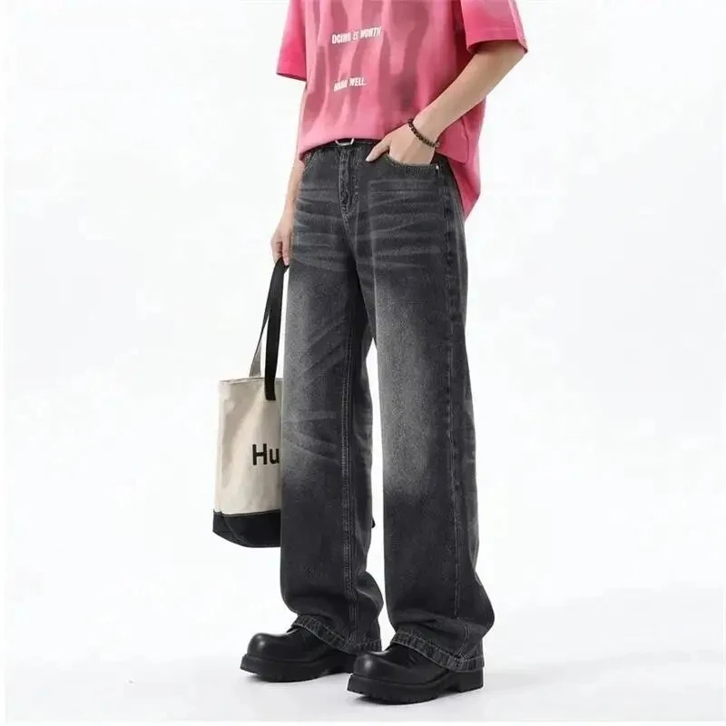 

Men's Moustache Effect Washed Printting Black Grey Jeans Summer 2026 New Loose Wide Leg Straight Denim Long Pants