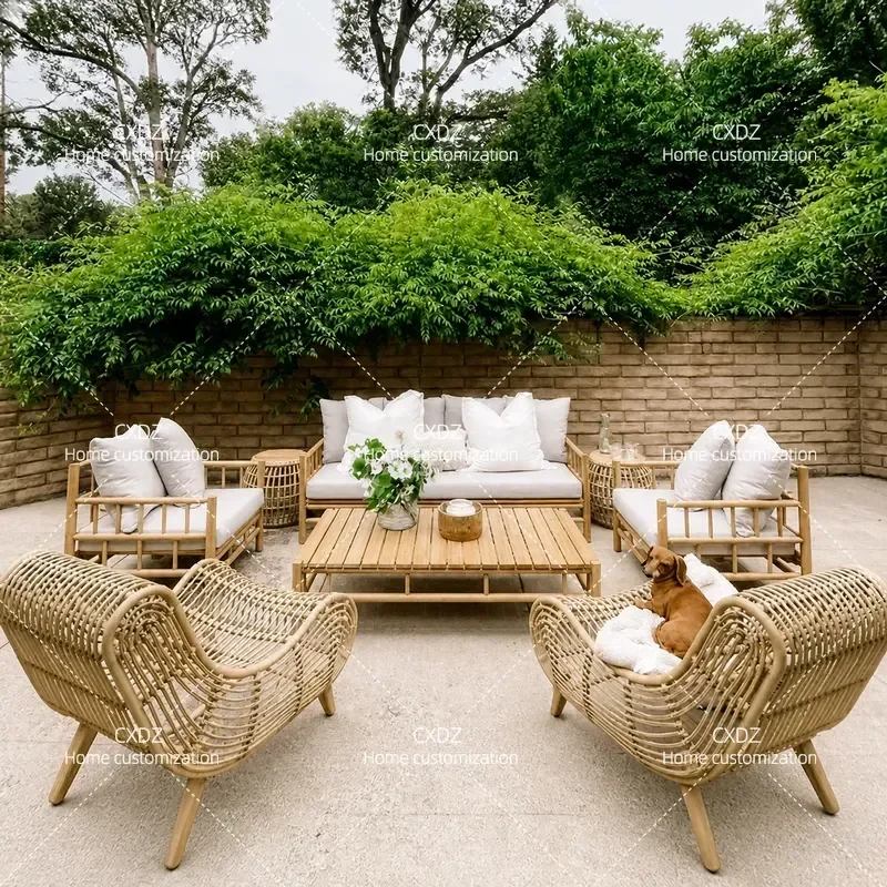 Outdoor Rattan Solid Wood Teak Sofa Set with Double Coffee Table Leisure Chair for Hotel Balcony Garden Courtyard Patio