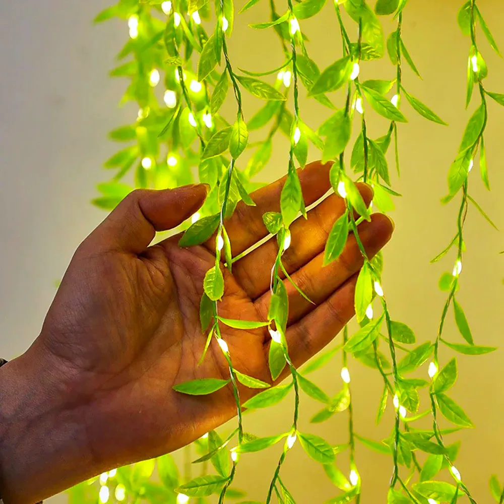 LED curtain light simulation willow leaf light 8 function USB power supply green leaf vine light courtyard decoration