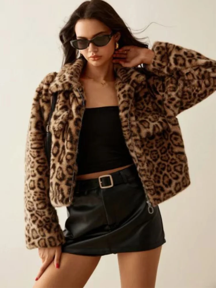 Faux Fur Furry Jacket For Women Long Sleeve Leopard Print Casual Coat Zipper Warm Female Outerwear 2024 Autumn Lady Streetwear