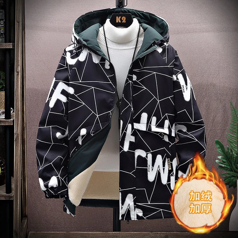 Autumn/Winter 2024 New Fashion Trend Printed and Fleece Thick Warm Coat Men's Casual Comfort Sports Large Size Hooded Jacket