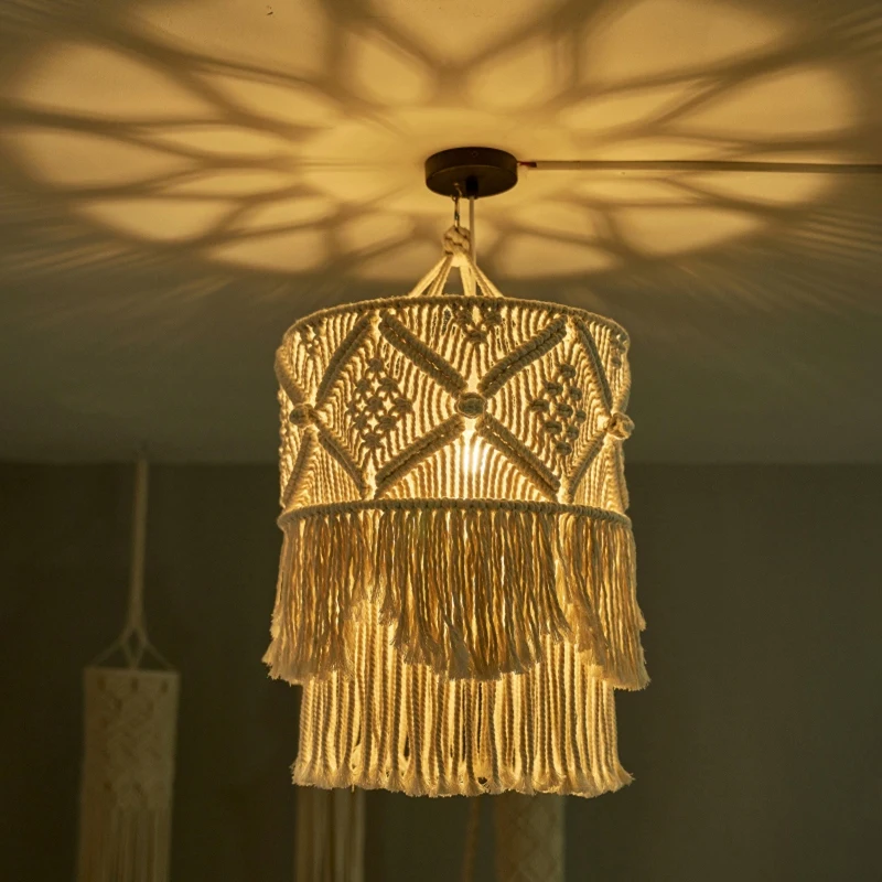 Heiße handgemachte Wandteppich Lampen schirm Böhmen Makramee Boho Dekor hand gefertigte Quaste Wandteppich Hintergrund Kopfteil Wandbehang