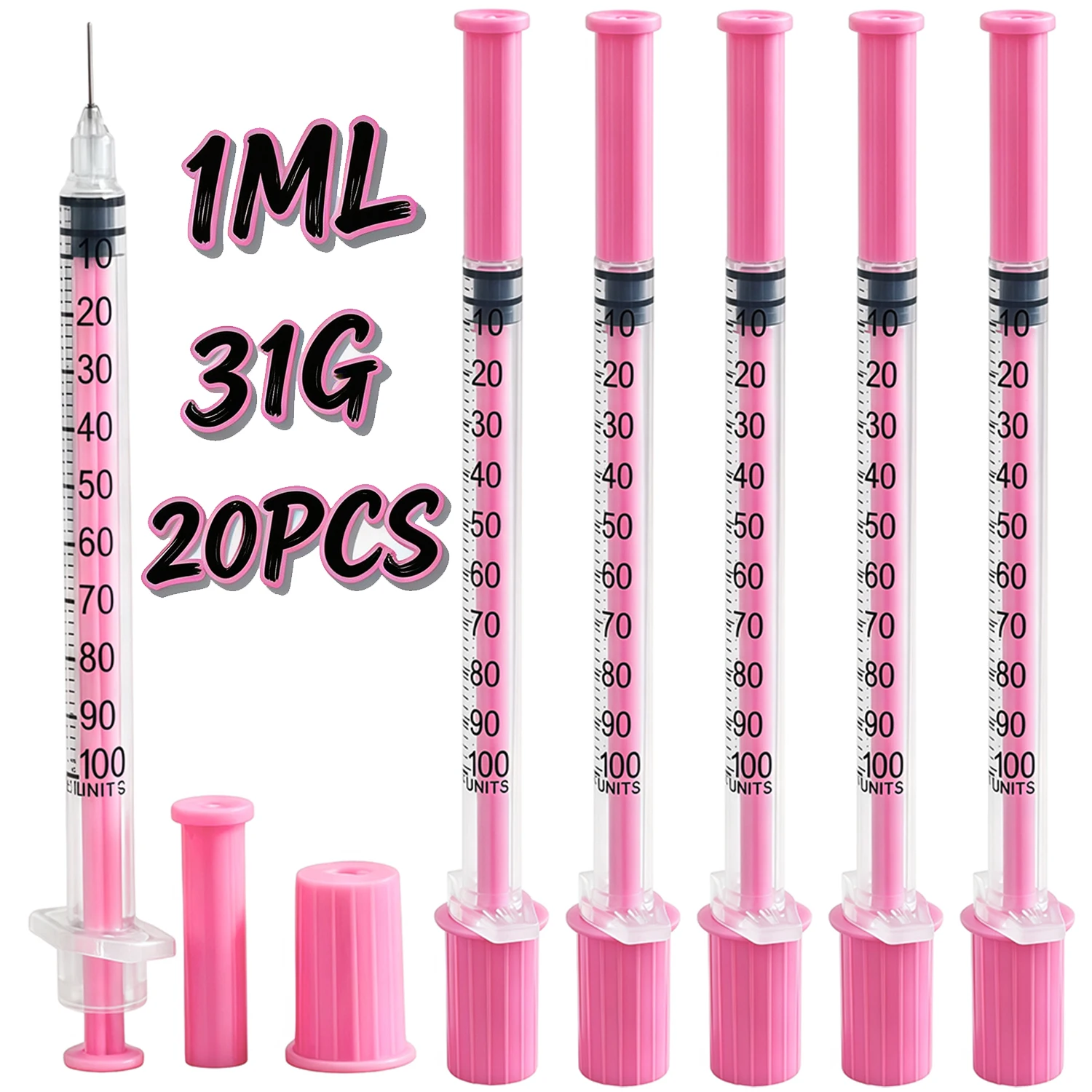 1ml U-100 31g Sterile Insulinspritze, rosa Kolben mit Kappe, präzise Graduierung, individuell. Verpackt, Labor & Schönheit, 20 Stück 8mm – Detail 1