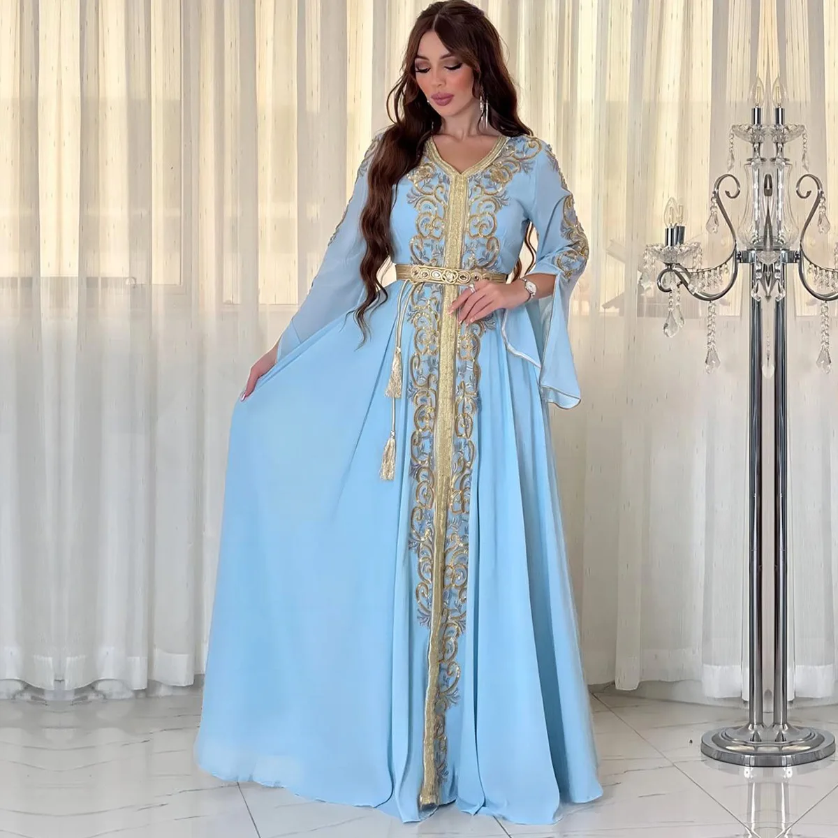 3737 Gurban Árabe Dubai Bordado Applique Vestido Musulmano Festa Banquete Robe