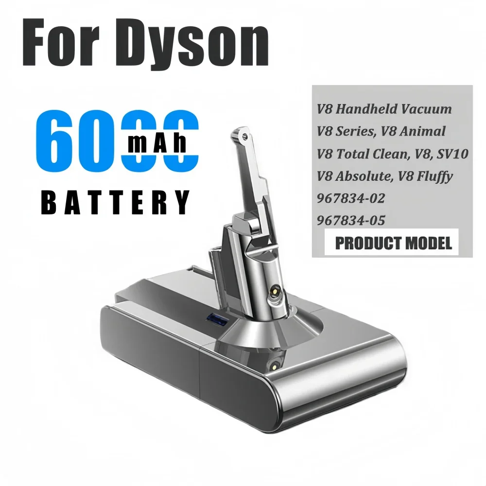Baterai Li-Ion 21.6V 8.0Ah (6000mAh) untuk Penyedot Debu Tanpa Kabel Dyson V8 – V8 Fluffy/SV10, Energi Isi Ulang yang Tahan Lama