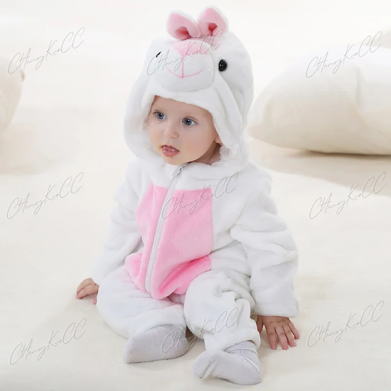 Baby Rompertjes Winter Kostuum Flanellen Capuchon Jumpsuits Baby Kleding 70-120Cm Kids Trui Overall Tijger Leeuw Konijn Eend Roupa Beb