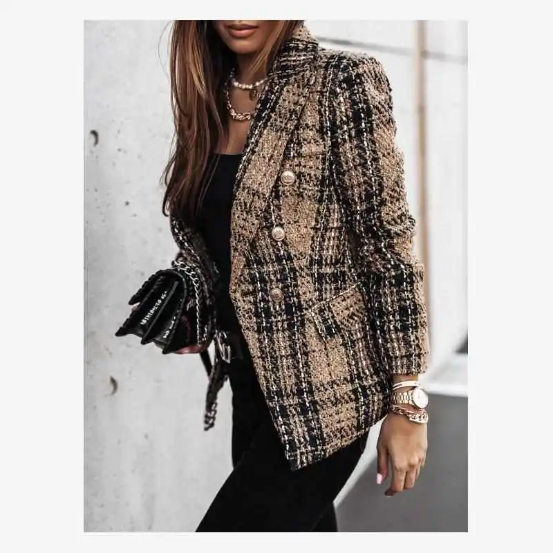 Spring Autumn Winter Long Sve Double Button Printed Suit Small Jaet Coat Sweet Sle Loose Fit Cotton Wool Blend Thiened