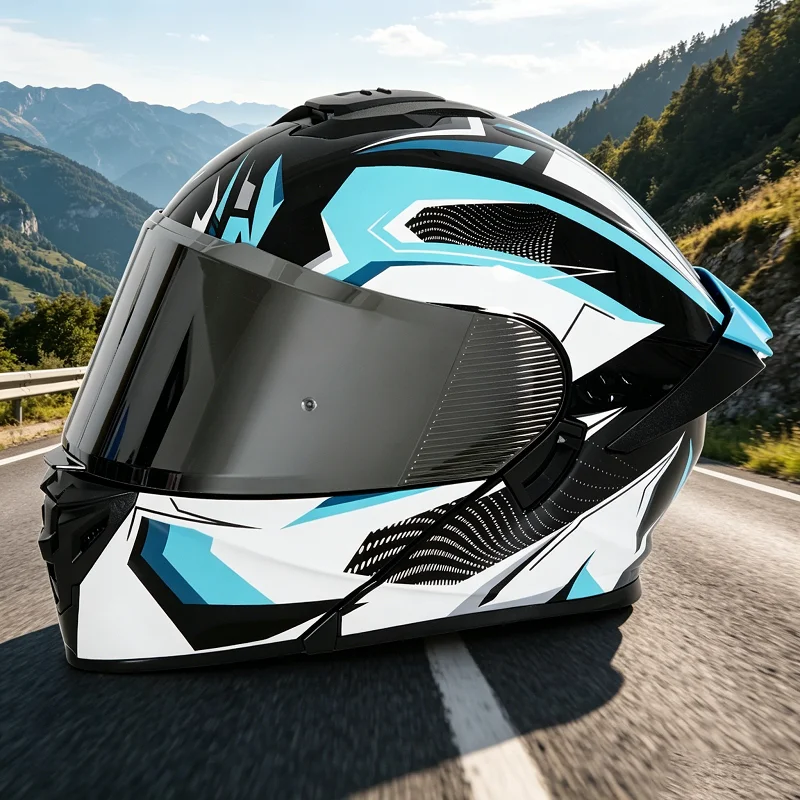 

Unisex full-coverage motorcycle helmet with dark sun visor, available in multiple colors, suitable for all seasons