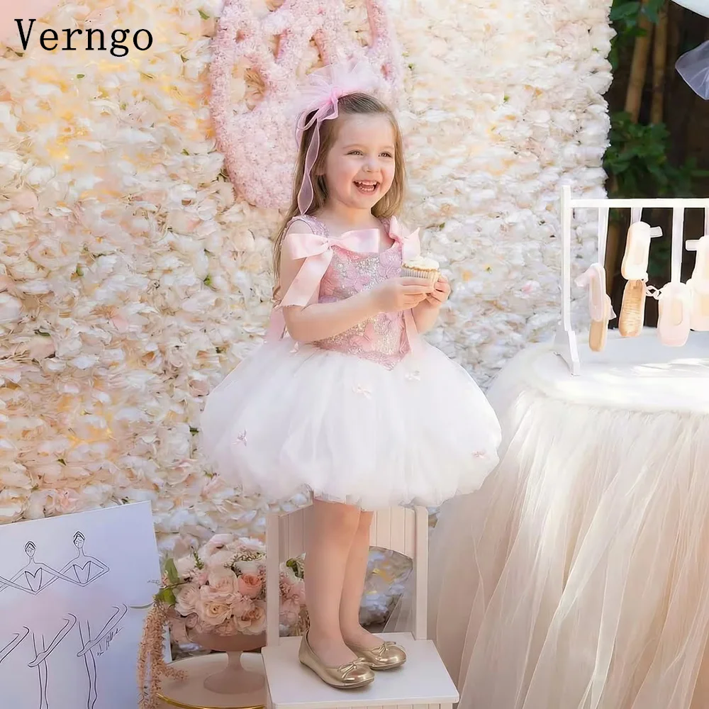 

Verngo Pink Organza Bow Girl Flowers Dress Sequined Birthday Party Gown Mini Wedding Dress Kids Ball GownVestidos de Noiva