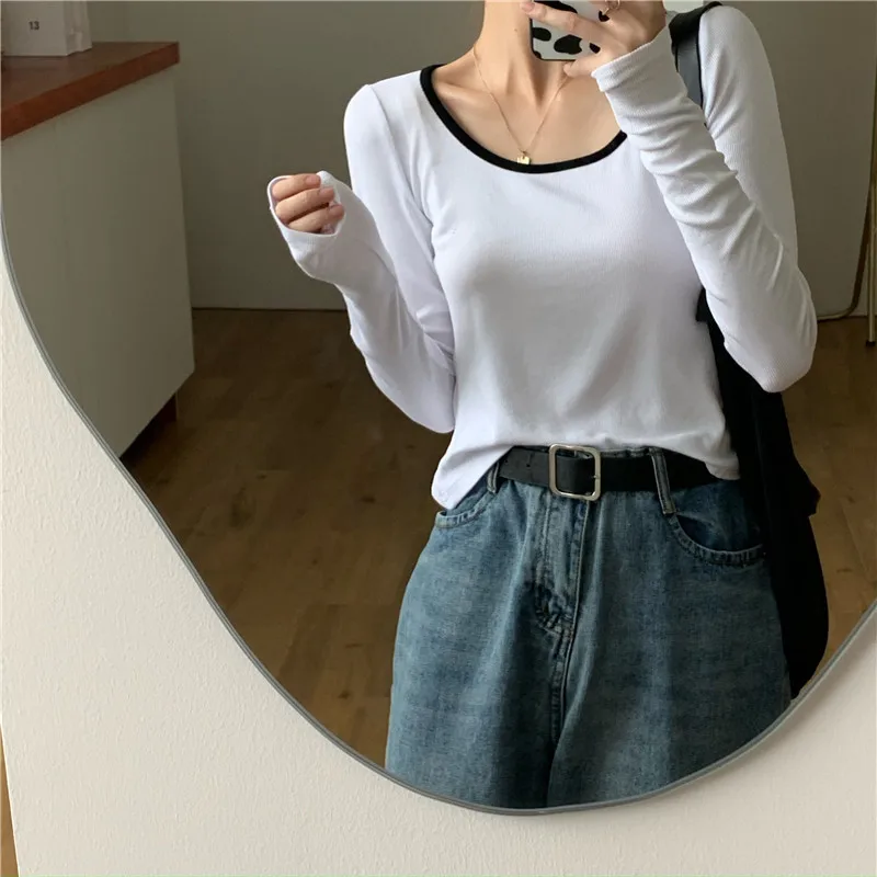 Frühen Herbst Neue Dünne Lange-ärmeln T-shirt frauen Innere Schlüsselbein Bodenbildung Shirt Kurze Top Trendy
