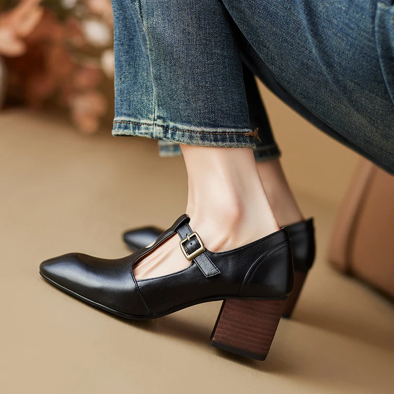 T-Strap Elegant Pumps Thick Heeled Basic Shoes On Heel Woman Simple Shoes Sheepskin Retro French Style Spring Atumn Footwear