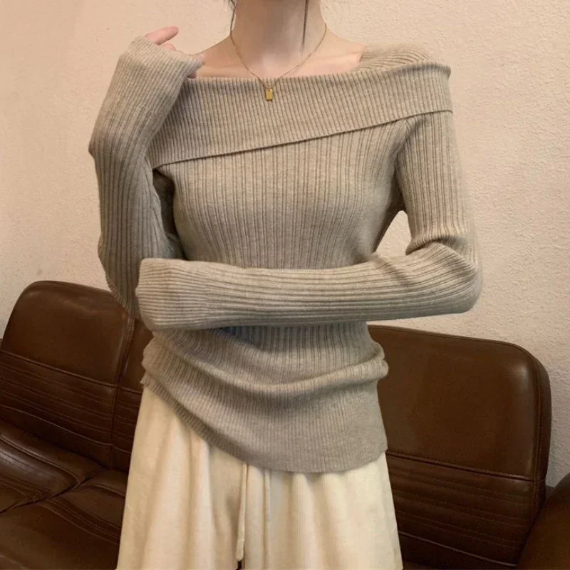 Slim Korean Style Off Shoulder Knitted Sweater Women 2024 Chic Long Sleeve Pullover Fashion Slash Neck Basic Jumper Tops Female