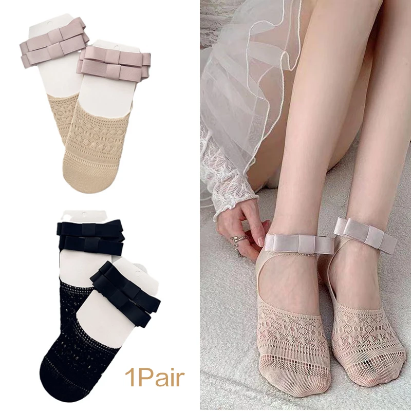 

Summer Ballet Style Woman Hollow Lace Bowknot Lolita Solid Color Socks Thin Casual Sweet Girls Invisible Lace Boat Socks
