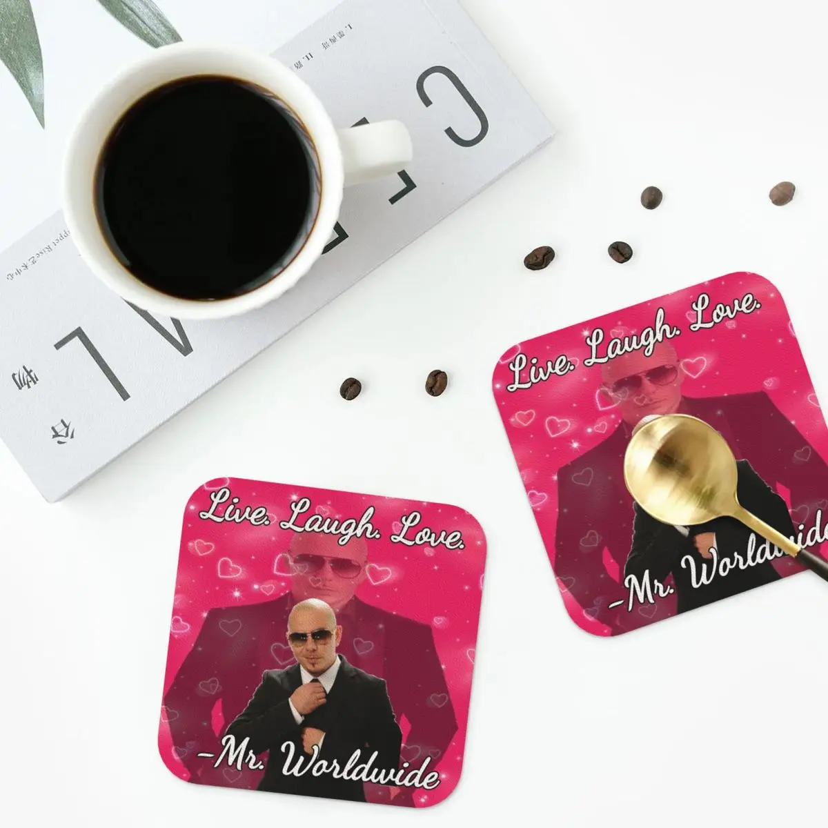 Mr Worldwide Live Laugh Love Coasters Leather Placemats Waterproof Insulation Coffee Mats For Home Kitchen Dining Pads Set of 4