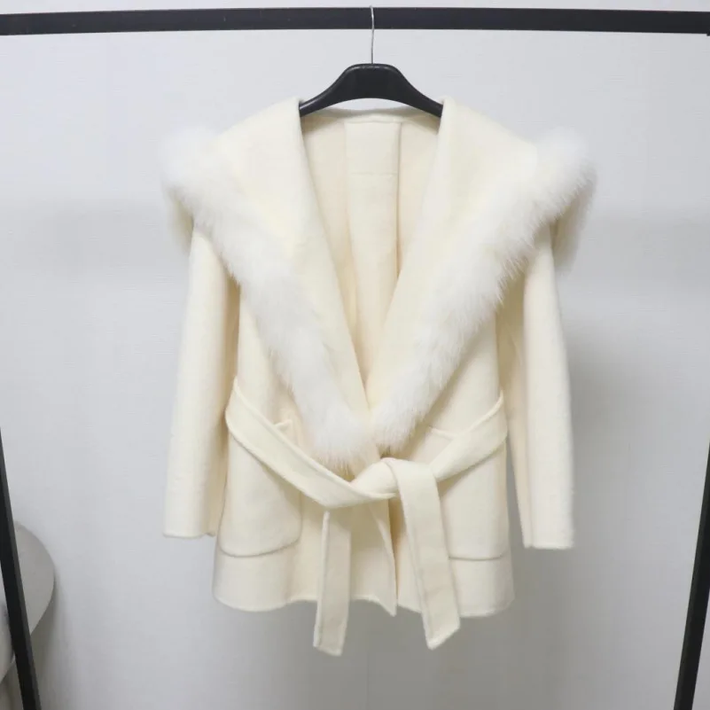 

Women's Autumn Winter Wool Fox Fur Trim Sailor Collar Long Sleeve Loose Coat Lady Streetwear Wool Outwear With Sahses