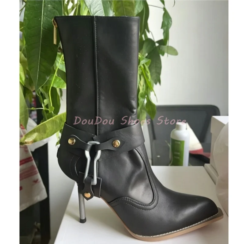 

Brown Snake Print Metal Decor Pointed Toe Ankle Boots Women Black Leather Back Zipper Mid Calf Boots Fashion Trendy Party Shoes