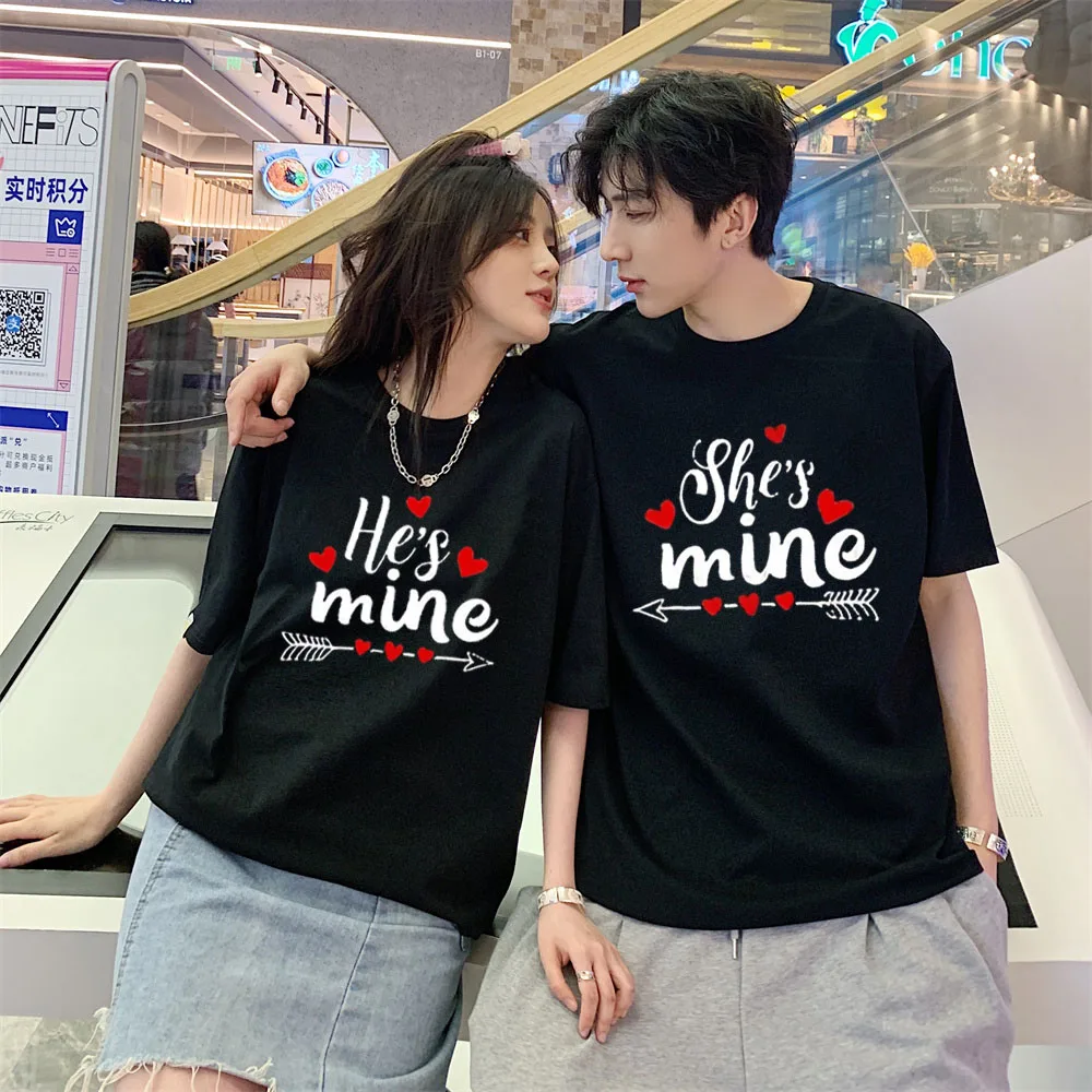 He's Mine & She's Mine Letter Print Matching Couple T Shirt For Men Women 240g Cotton High Quality SummerShort Sleeve Tshirt Top