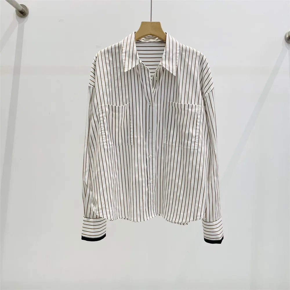 

Women Striped Shirt Loose Casual Long Sleeve Cuff Beaded Tops Blouse