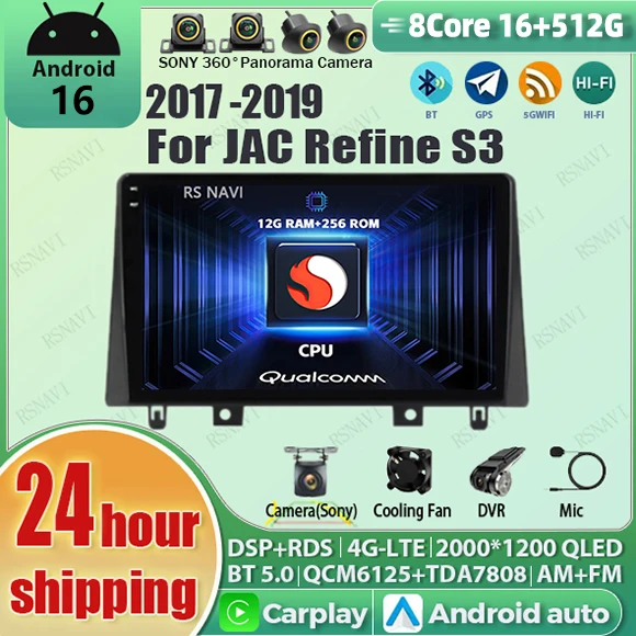 

Android 16 Carplay Auto Qualcomm 2K QLED Screen Car Radio Player For JAC Refine S3 2017 - 2019 GPS Wifi Multimedia 4G Stereo BT