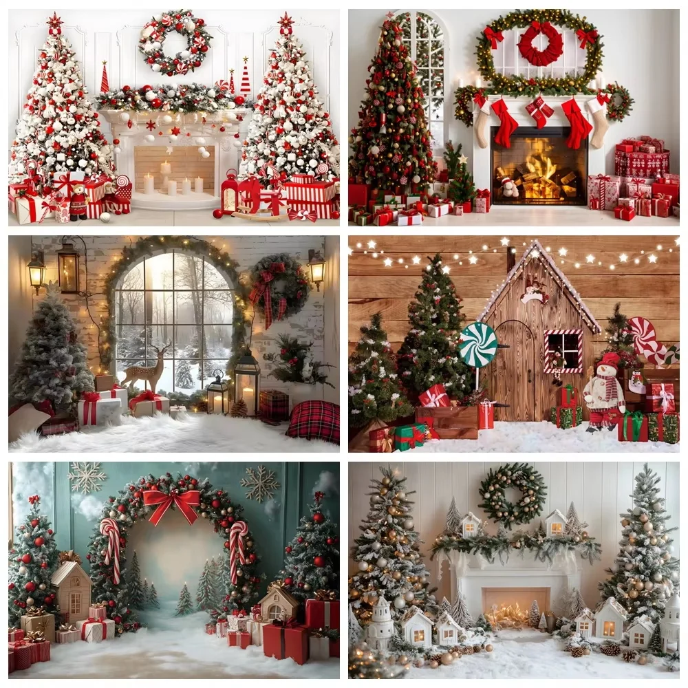 

Laeacco Old Brick Fireplace Christmas Tree Gift Teddy Bear Baby Photo Backdrop Photography Background Photocall Photo Studio