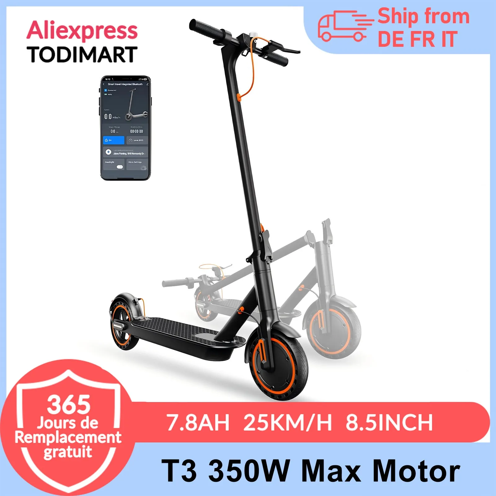 Patinete eléctrico TODIMART T3 para adultos principiantes, 350W, 30KM de autonomía, operación sencilla, ligero, patinete eléctrico urbano.