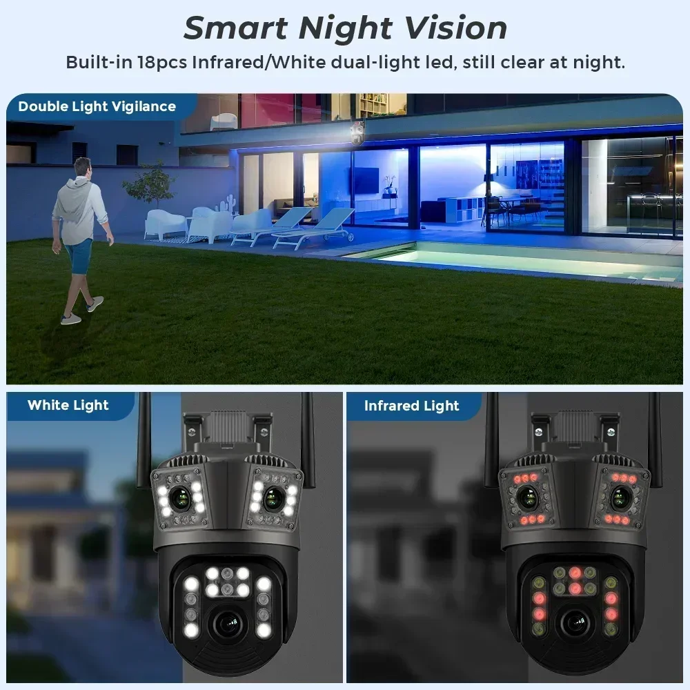 Con alarma de luz de policía, cámara de seguridad de visión nocturna, 12MP, 6K, tres lentes, Wifi, cámara de vigilancia, tres pantallas, cámara IP PTZ