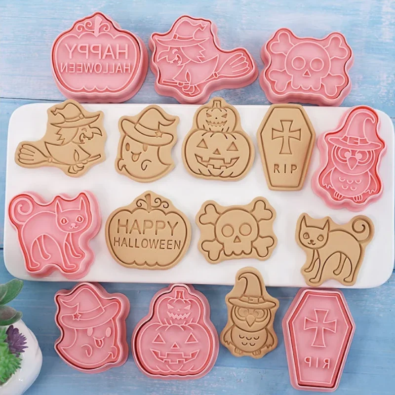 Halloween Cookies Cutters Plastic Pumpkin Cartoon Pressable Biscuit Mold Confectionery Fondant Cookie Stamp Baking Pastry Tools