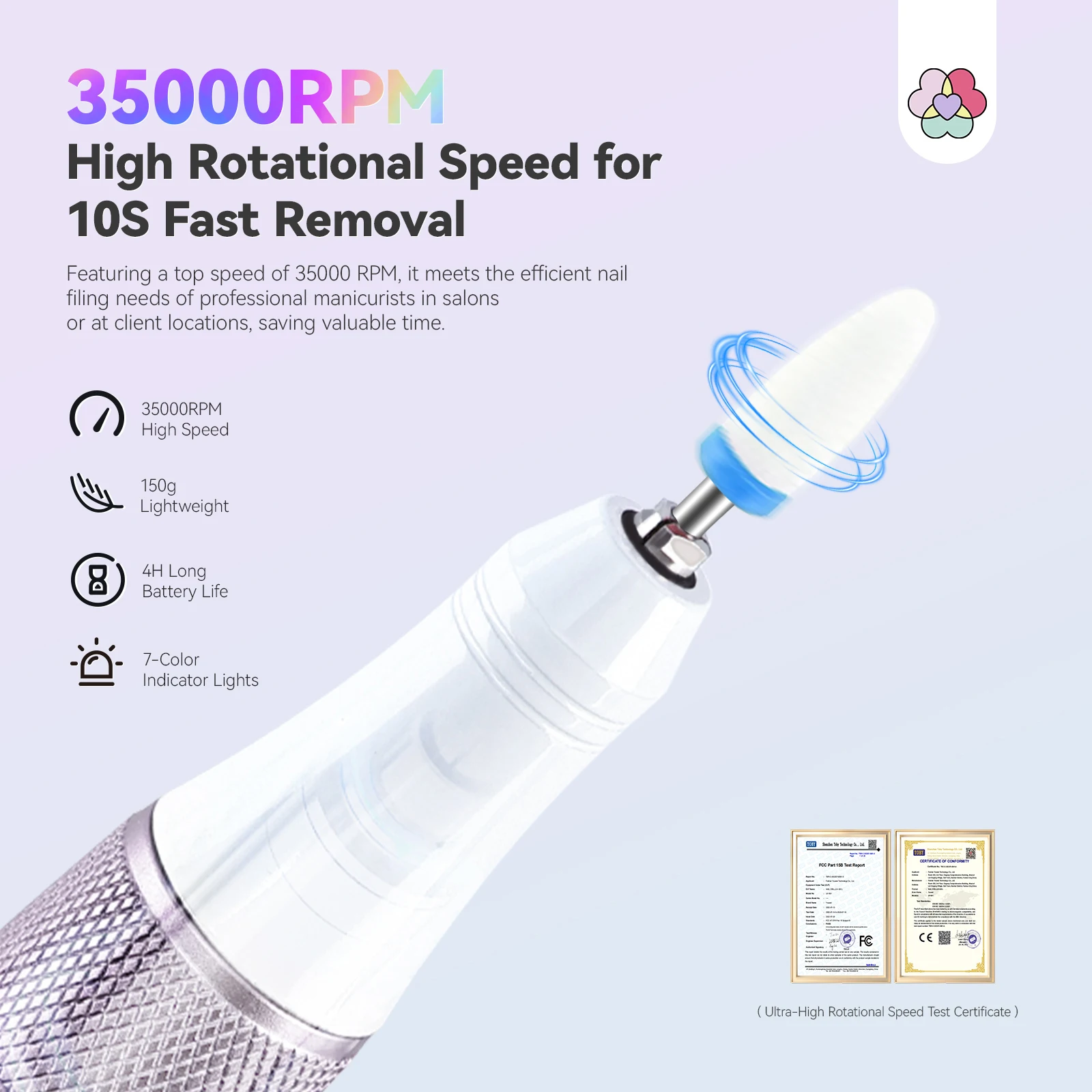 사빌랜드 무선 네일 드릴 35000 RPM 10초 제거 LED 디스플레이 충전식 전기 네일 파일 (살롱, 여행, 전문가용)