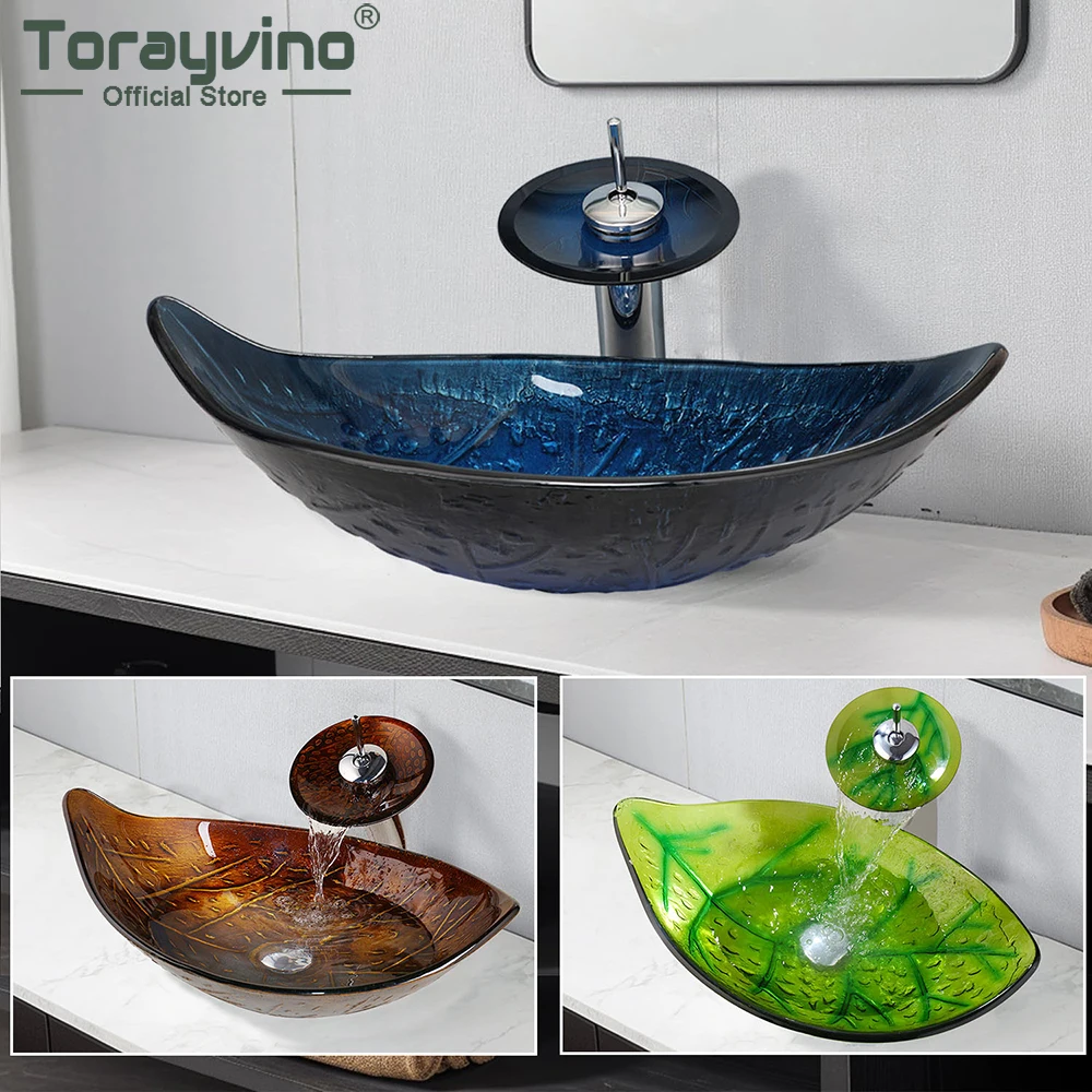 Torayvino Leaf Bathroom Basin Sink Faucet Set Tempered Glass Hand Painted Vessel Vanity w/ Waterfall Tap Pop-up Drain Countertop