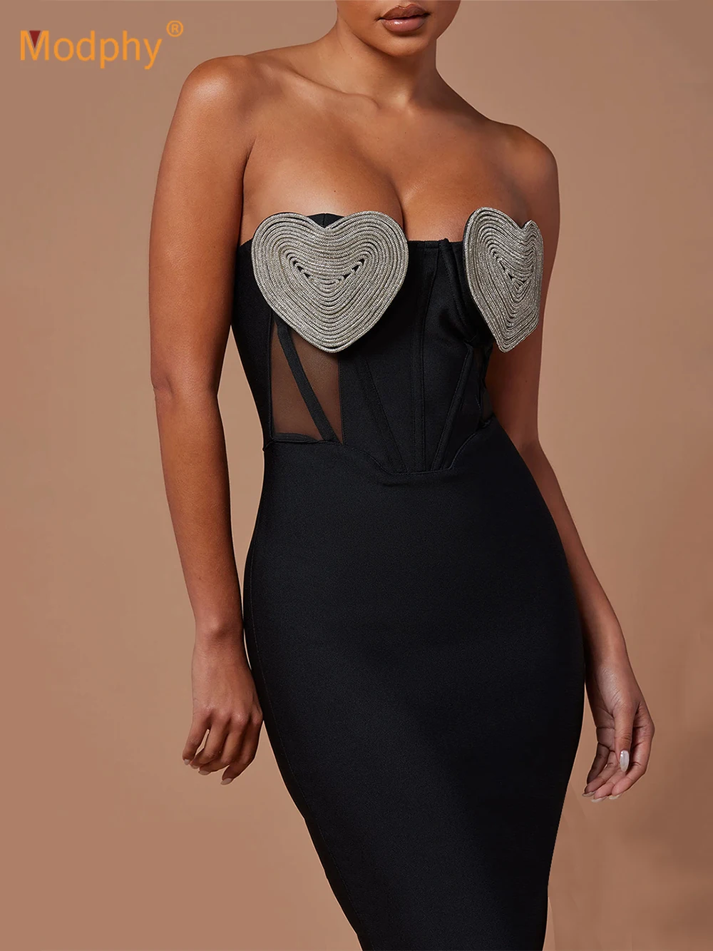 

Modphy Black Strapless Midi Bandage Dress Elegant Sleeveless Diamond Heart Design Women's Bodycon Evening Party Sexy Dress 2024