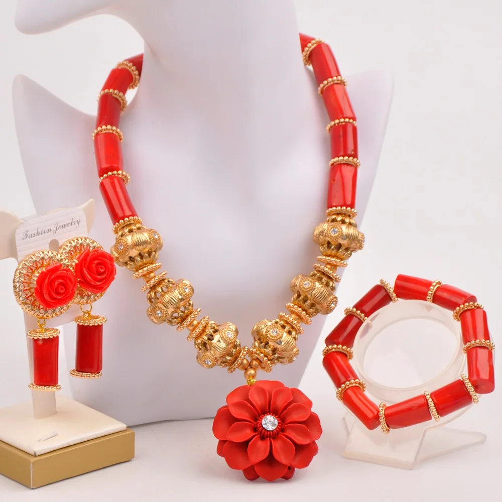 Nigerian wedding pearl new red coral necklace African female wedding men's couple jewelry set